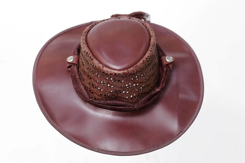 Western Purplish Flower Engraved Leather Flower Mesh Ladies Sun Hat Women Aussie Casual - LEATHER CHAPTER