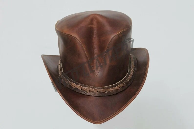 Hand Made New V Shape Braided Band Distress Brown Top Hat Steampunk Old look Headwear - LEATHER CHAPTER