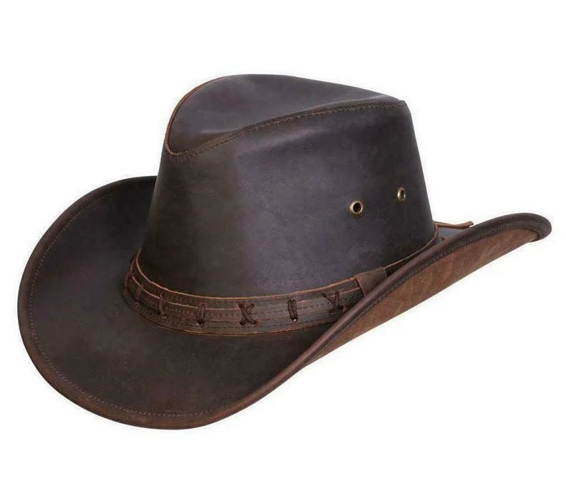 Men's Leather High Sierra Australian Cowboy Aussie Western Hat- Brown - LEATHER CHAPTER