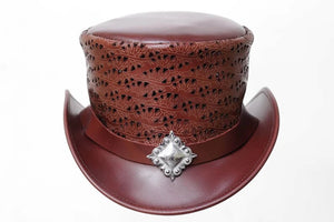Ladies Leather Flowers Engraved Berry Square Concho Women Top Hat Steampunk - LEATHER CHAPTER
