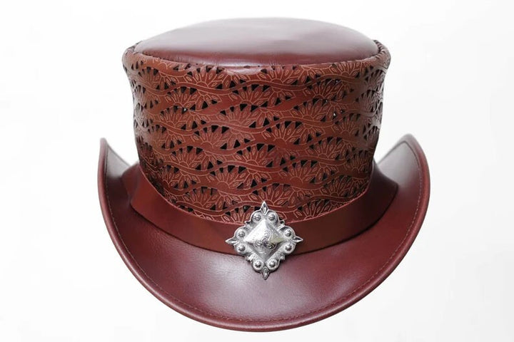Ladies Leather Flowers Engraved Berry Square Concho Women Top Hat Steampunk - LEATHER CHAPTER