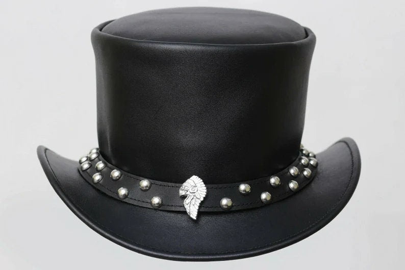 Black Indian Head Stutt Band Black Leather Native American Top Hat Western - LEATHER CHAPTER