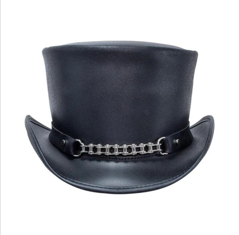 Hand Made Top Hat Motorcycle Leather Chain Band Black Leather Biker New with Tags - LEATHER CHAPTER