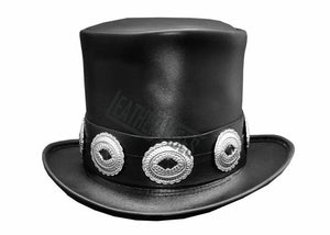 Top Hat-Rocker Black Leather Slash Style Conchos Band,Gothic Top hat,Custom Leather hat,Steampunk Top Hat - LEATHER CHAPTER