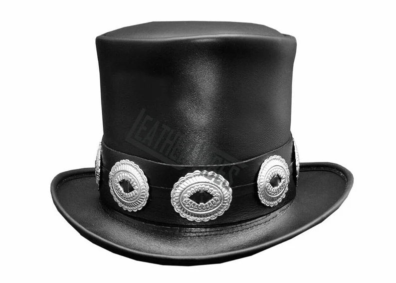Top Hat-Rocker Black Leather Slash Style Conchos Band,Gothic Top hat,Custom Leather hat,Steampunk Top Hat - LEATHER CHAPTER