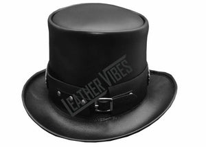 Top Hat-Rocker Black Leather Slash Style Conchos Band,Gothic Top hat,Custom Leather hat,Steampunk Top Hat - LEATHER CHAPTER