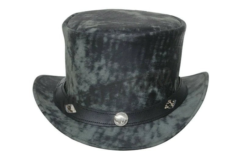 Distress Black Five Cent V band Leather Motorcycle Biker Steampunk Hat Headwear - LEATHER CHAPTER
