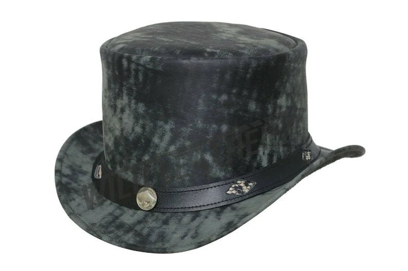 Distress Black Five Cent V band Leather Motorcycle Biker Steampunk Hat Headwear - LEATHER CHAPTER