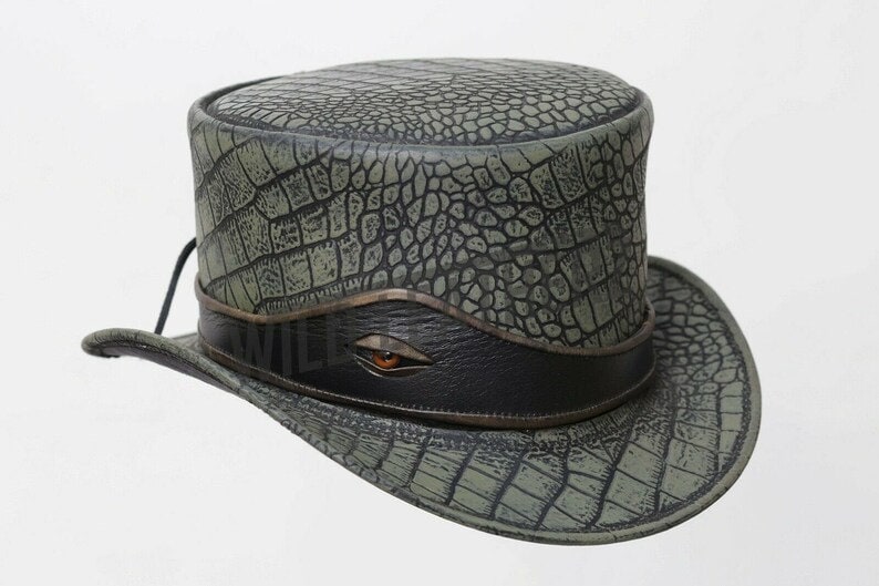 Distress Wax Crocodile Plated Leather Eye Band Steampunk Motorcycle Top Hat - LEATHER CHAPTER