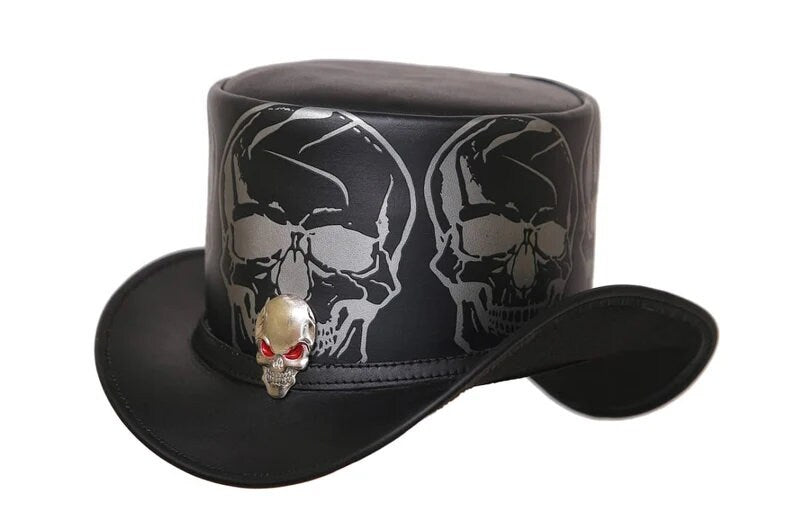 Top Hat Red Eye Skull Leather Top Hat ,Steampunk Top Hat,Gothic Top hat Biker MC,Custom Leather Hats - LEATHER CHAPTER