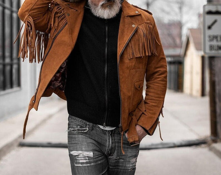 Fringe Suede Leather Belted Jacket Men's Western Style Fringe Jacket Cowboy Fringe Biker Suede Jacket - LEATHER CHAPTER