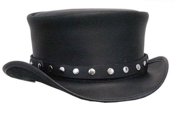 TOP HAT Black leather Steampunk / biker top hat made with a rivet trim leather hat ban New with Tags - LEATHER CHAPTER