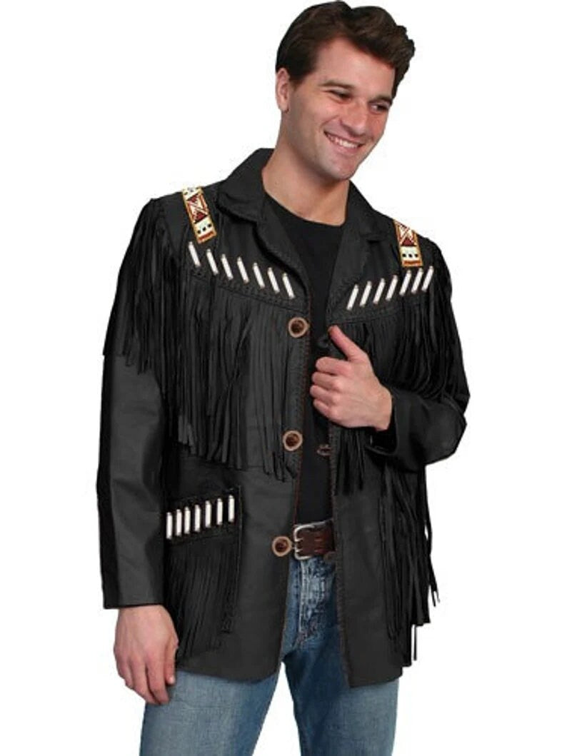 Leather jacket Men's Traditional Native Black Classic Suede Leather Western Jacket With Braided Fringes Country Side Red Indian Western Wear - LEATHER CHAPTER