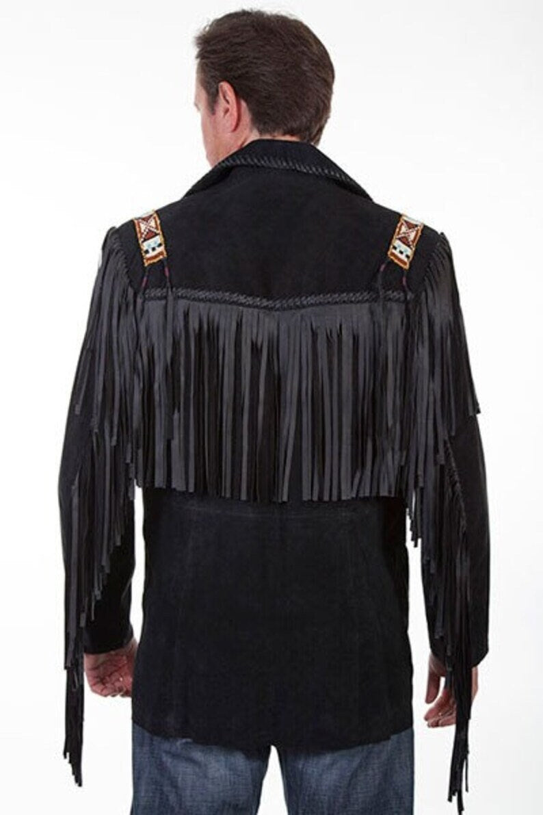 Leather jacket Men's Traditional Native Black Classic Suede Leather Western Jacket With Braided Fringes Country Side Red Indian Western Wear - LEATHER CHAPTER