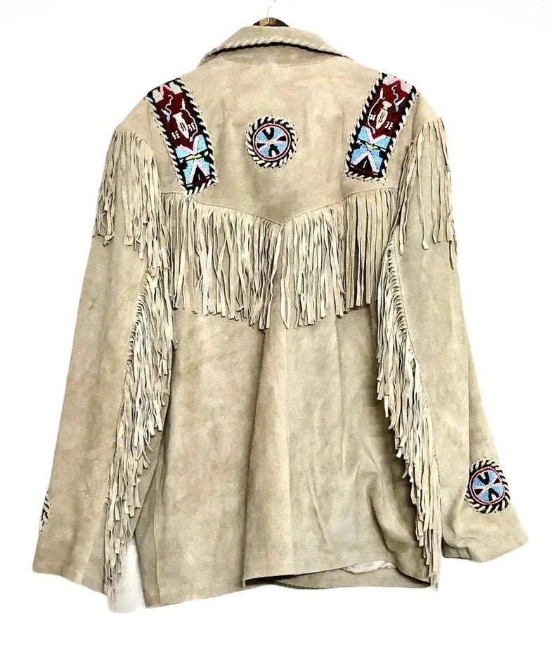 Men Leather Rockabilly jacket, Native American Buckskin Western Jacket Suede Leather Shirt Fringes & Beads Work Coat - LEATHER CHAPTER