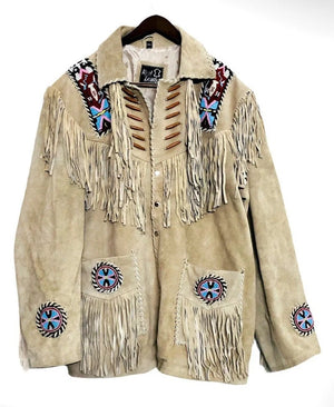 Men Leather Rockabilly jacket, Native American Buckskin Western Jacket Suede Leather Shirt Fringes & Beads Work Coat - LEATHER CHAPTER