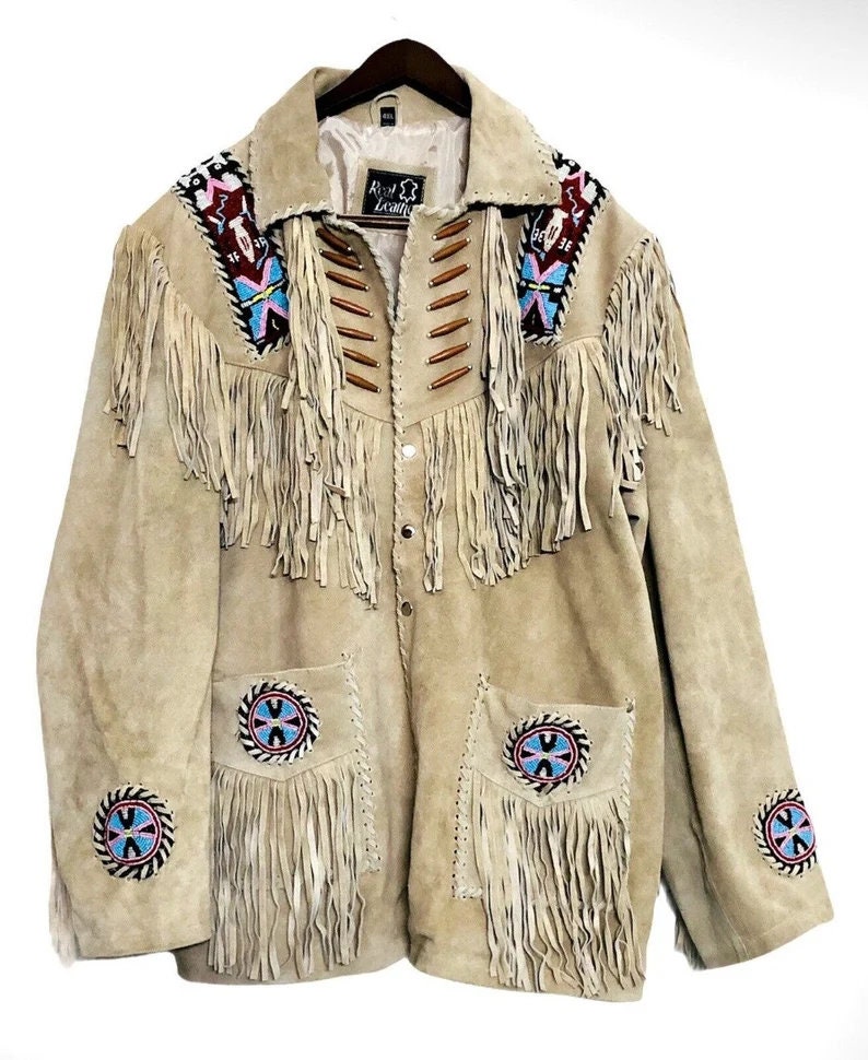Men Leather Rockabilly jacket, Native American Buckskin Western Jacket Suede Leather Shirt Fringes & Beads Work Coat - LEATHER CHAPTER