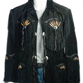Men Black Suede Vintage Traditional Western Cowboy Leather Jacket With Fringe Hand Made Country Side Red Indian Western Wear - LEATHER CHAPTER