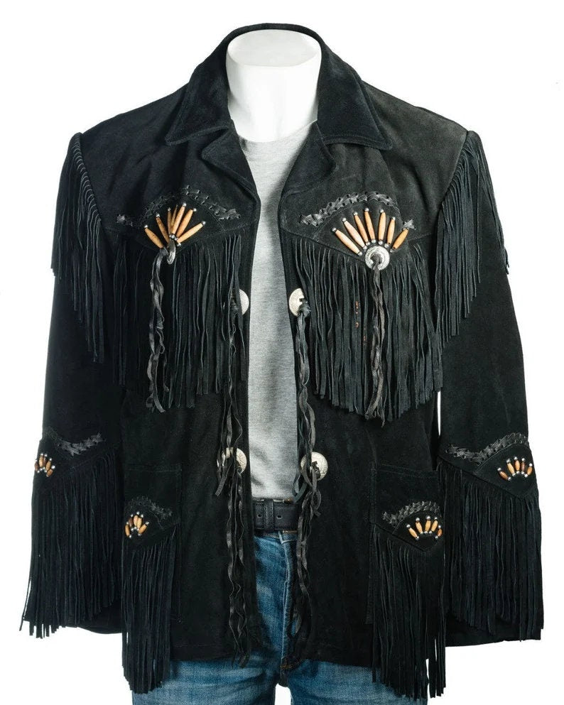 Men Black Suede Vintage Traditional Western Cowboy Leather Jacket With Fringe Hand Made Country Side Red Indian Western Wear - LEATHER CHAPTER