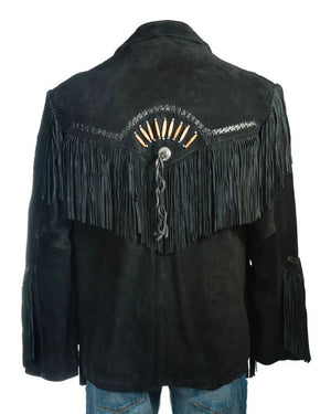 Men Black Suede Vintage Traditional Western Cowboy Leather Jacket With Fringe Hand Made Country Side Red Indian Western Wear - LEATHER CHAPTER