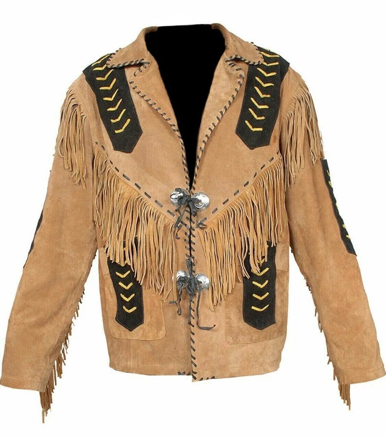 Western Jacket Men Brown & Black Suede Vintage Traditional Western Cowboy Leather Jacket Fringe Hand Made Red Indian Western Wear - LEATHER CHAPTER
