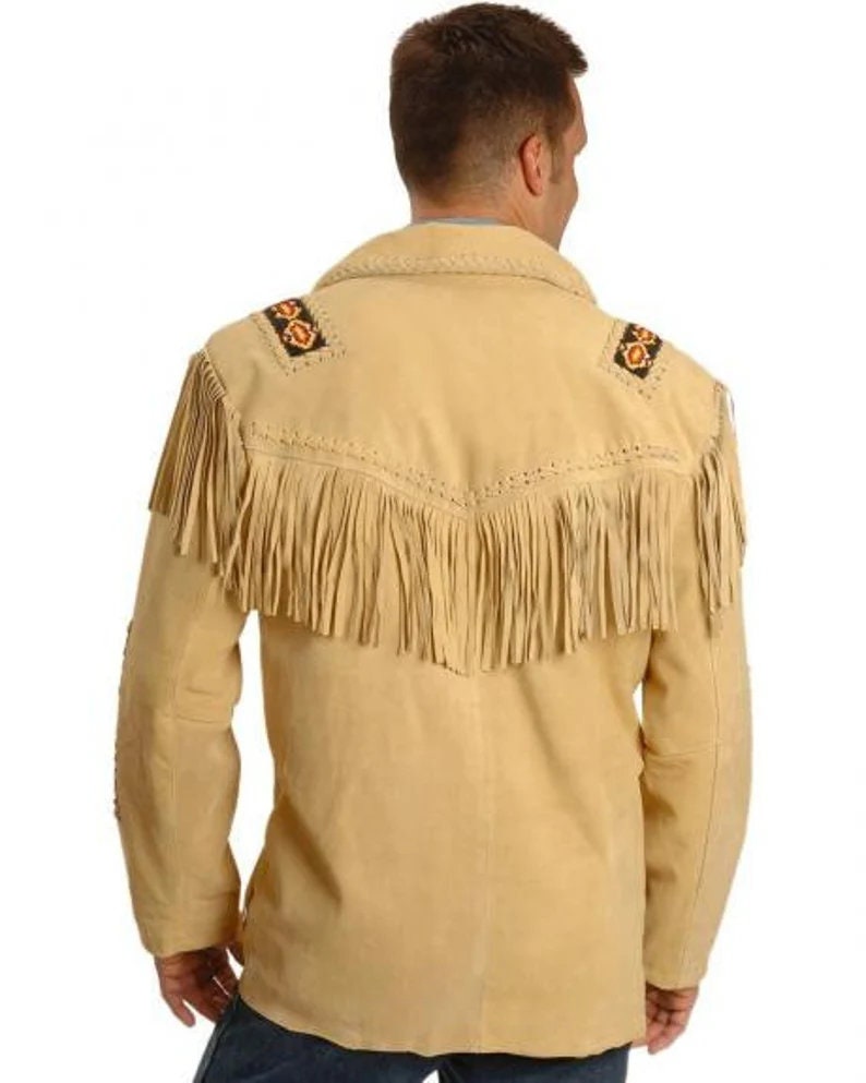 Leather jacket Men's Traditional Native Light Brown Classic Suede Leather Western Jacket Braided Fringes Country Side Red Indian Western - LEATHER CHAPTER