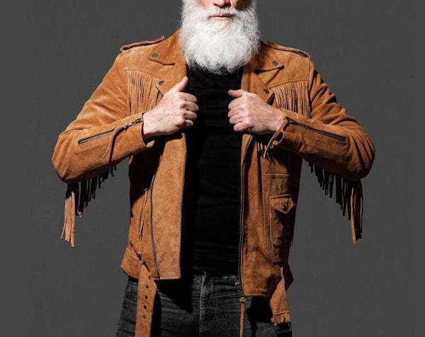 Fringe Suede Leather Belted Jacket Men's Western Style Fringe Jacket Cowboy Fringe Biker Suede Jacket - LEATHER CHAPTER