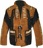 New Men’s Native American Cowboy Buckskin Leather Jacket Coat With Fringes Brown & Black Western Jacket - LEATHER CHAPTER