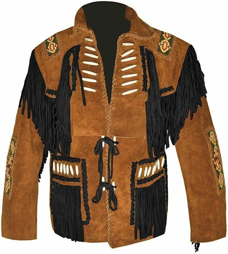 New Men’s Native American Cowboy Buckskin Leather Jacket Coat With Fringes Brown & Black Western Jacket - LEATHER CHAPTER