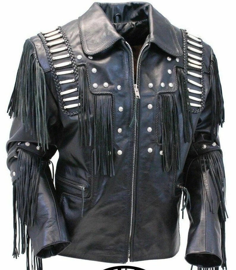 Men's Traditional Western cowboy Leather Jacket coat With Fringes Bone and Beads / Bones & Braids Fringes Leather Jacket - LEATHER CHAPTER