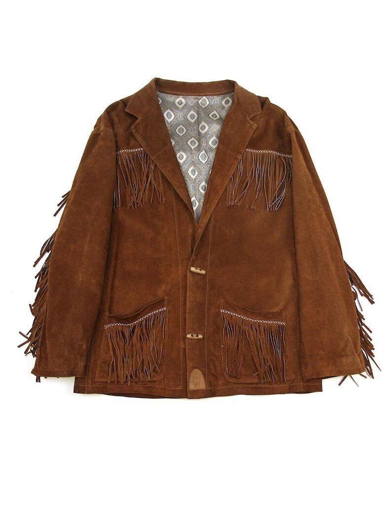 Leather jacket Men's Traditional Native Brown Suede Leather Western Jacket With Braided Fringes Country Side Red Indian Western Wear - LEATHER CHAPTER