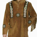 Men Native American Western Cowboy Leather Jacket Suede Coat Fringe Eagle Beads Shirt Gift for Men Brown Red Indian Country Side Jacket - LEATHER CHAPTER