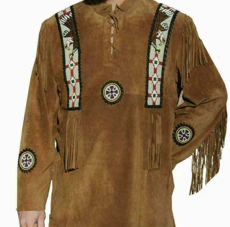 Men Native American Western Cowboy Leather Jacket Suede Coat Fringe Eagle Beads Shirt Gift for Men Brown Red Indian Country Side Jacket - LEATHER CHAPTER