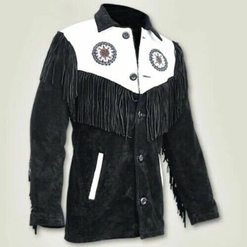 Leather jacket Men's Traditional Native Black & White Classic Suede Leather Western Jacket Braided Fringes Country Side Red Indian Western - LEATHER CHAPTER