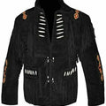 New Men’s Native American Cowboy Buckskin Leather Jacket Coat With Fringes Black Western Jacket - LEATHER CHAPTER