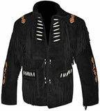 New Men’s Native American Cowboy Buckskin Leather Jacket Coat With Fringes Black Western Jacket - LEATHER CHAPTER