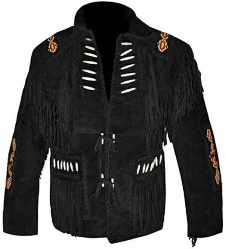New Men’s Native American Cowboy Buckskin Leather Jacket Coat With Fringes Black Western Jacket - LEATHER CHAPTER