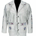 Leather jacket Men's Traditional Native White Classic Leather Western Jacket With Braided Fringes Country Side Red Indian Western - LEATHER CHAPTER