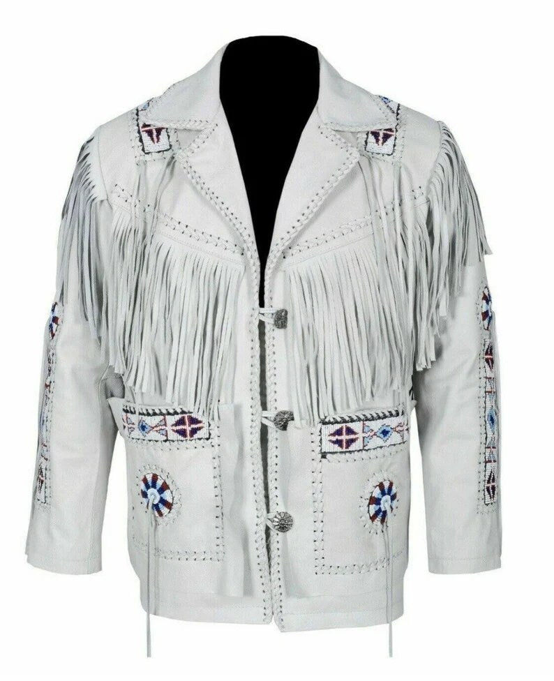 Leather jacket Men's Traditional Native White Classic Leather Western Jacket With Braided Fringes Country Side Red Indian Western - LEATHER CHAPTER