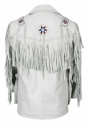 Leather jacket Men's Traditional Native White Classic Leather Western Jacket With Braided Fringes Country Side Red Indian Western - LEATHER CHAPTER