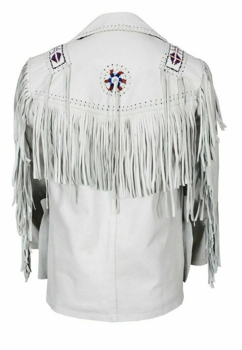 Leather jacket Men's Traditional Native White Classic Leather Western Jacket With Braided Fringes Country Side Red Indian Western - LEATHER CHAPTER