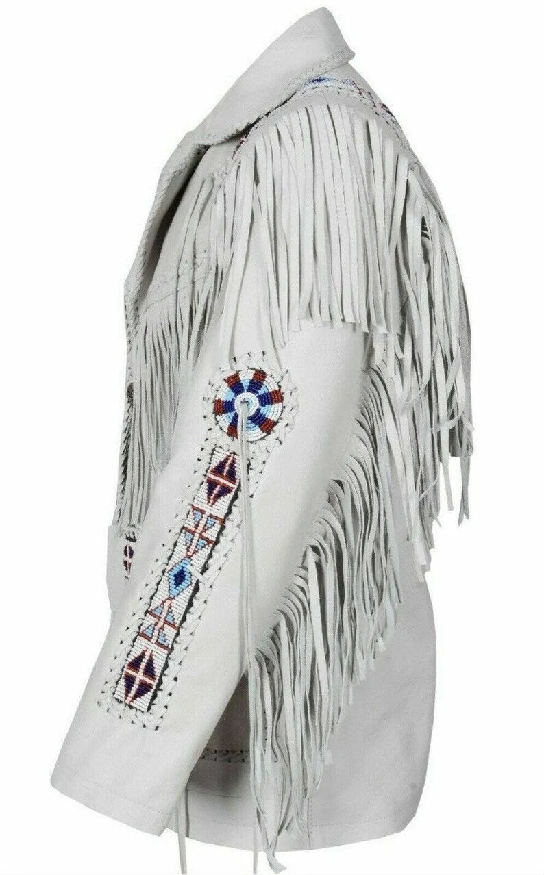 Leather jacket Men's Traditional Native White Classic Leather Western Jacket With Braided Fringes Country Side Red Indian Western - LEATHER CHAPTER