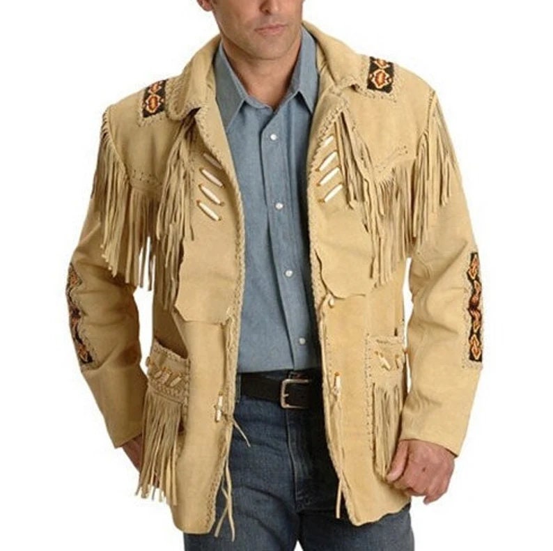 Leather jacket Men's Traditional Native Light Brown Classic Suede Leather Western Jacket Braided Fringes Country Side Red Indian Western - LEATHER CHAPTER