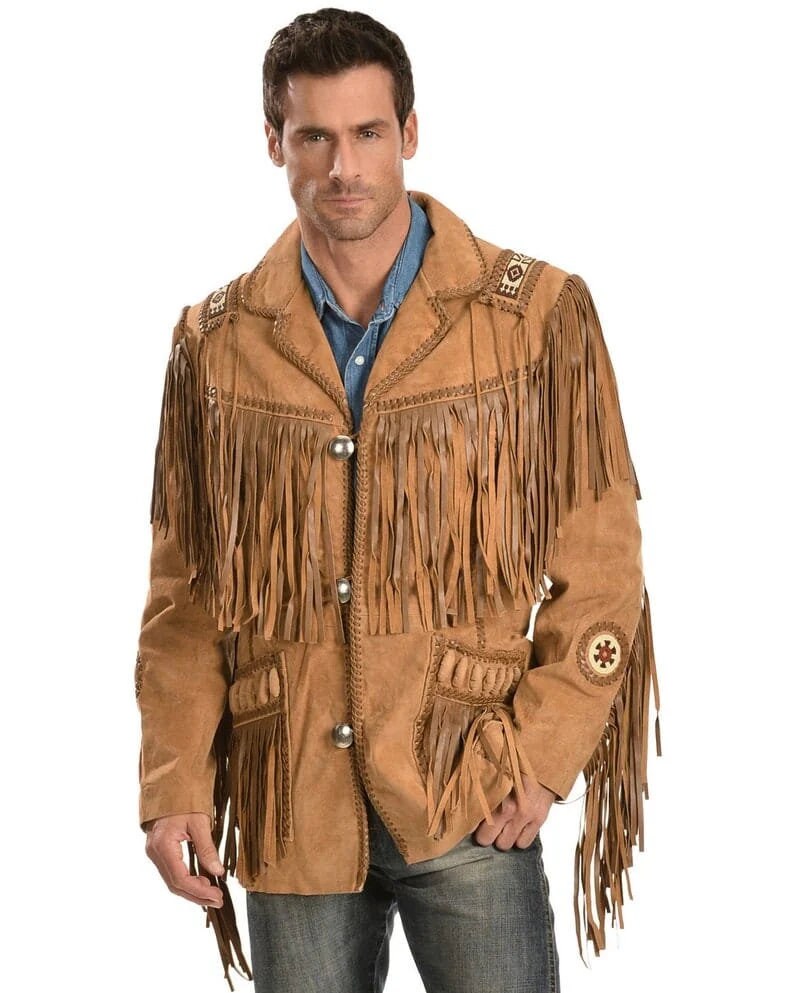 Leather jacket Men's Traditional Native Brown Classic Suede Leather Western Jacket With Braided Fringes Country Side Red Indian Western Wear - LEATHER CHAPTER