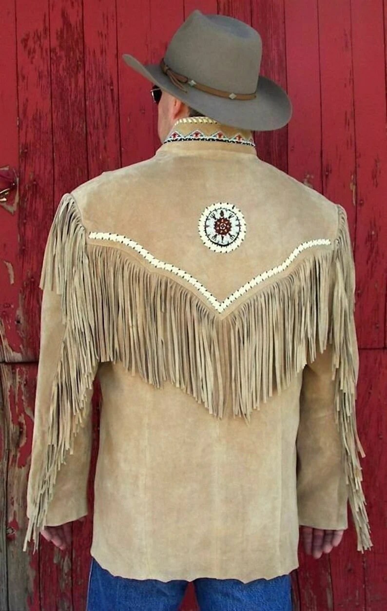 Leather jacket Men Traditional Native Beige Brown Classic Suede Leather Western Jacket Braided Fringes Country Side Red Indian Western Wear - LEATHER CHAPTER