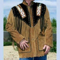 Men Native American Western Cowboy Leather Jacket Suede Coat Fringe Eagle Beads Gift for men Black and Brown Red Indian Country Side Jacket - LEATHER CHAPTER