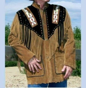 Men Native American Western Cowboy Leather Jacket Suede Coat Fringe Eagle Beads Gift for men Black and Brown Red Indian Country Side Jacket - LEATHER CHAPTER