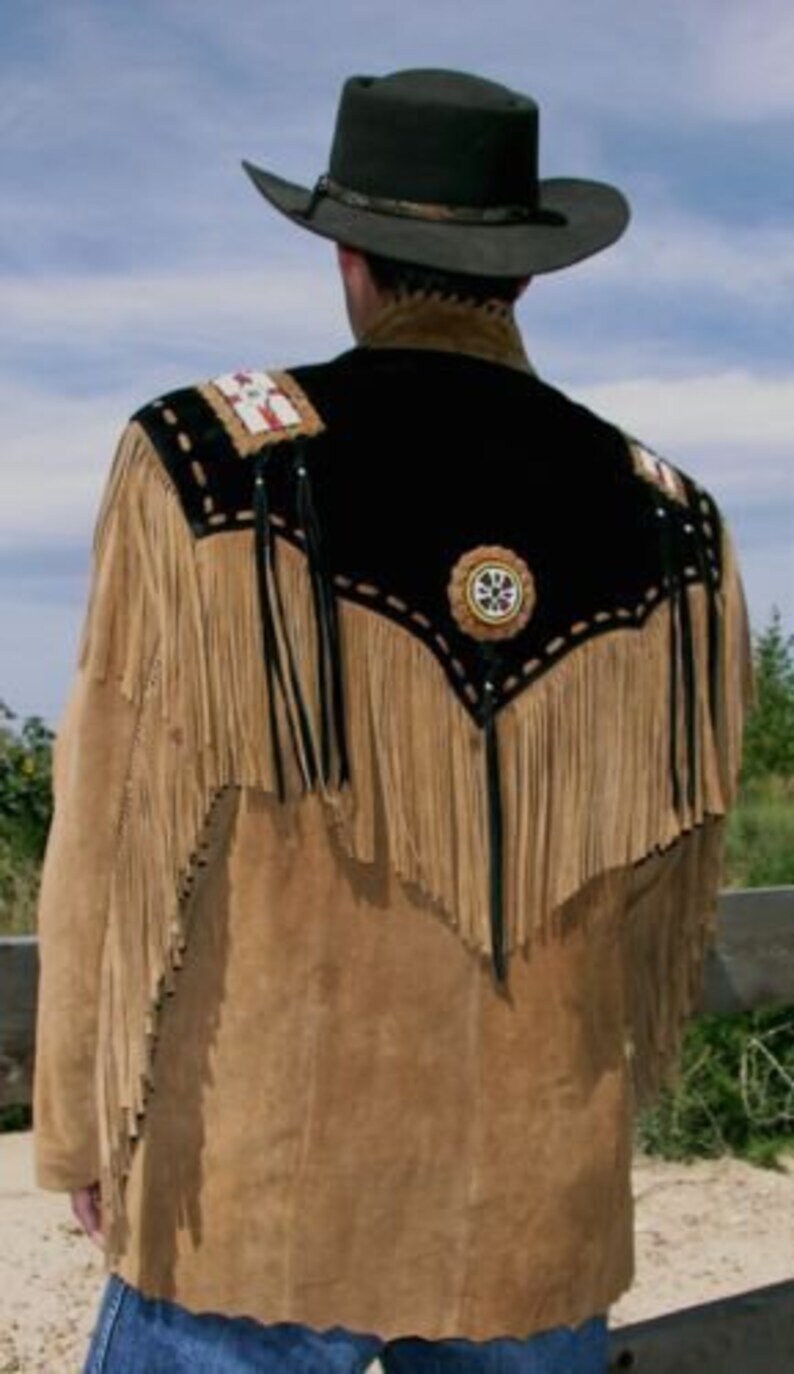 Men Native American Western Cowboy Leather Jacket Suede Coat Fringe Eagle Beads Gift for men Black and Brown Red Indian Country Side Jacket - LEATHER CHAPTER