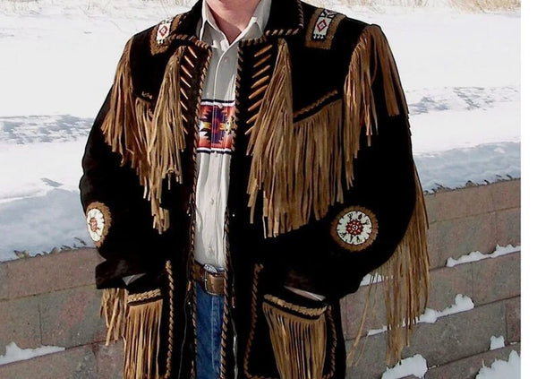 Leather jacket Men's Traditional Native Black & Brown Classic Suede Leather Jacket Braided Fringes Country Side Red Indian Western Wear - LEATHER CHAPTER
