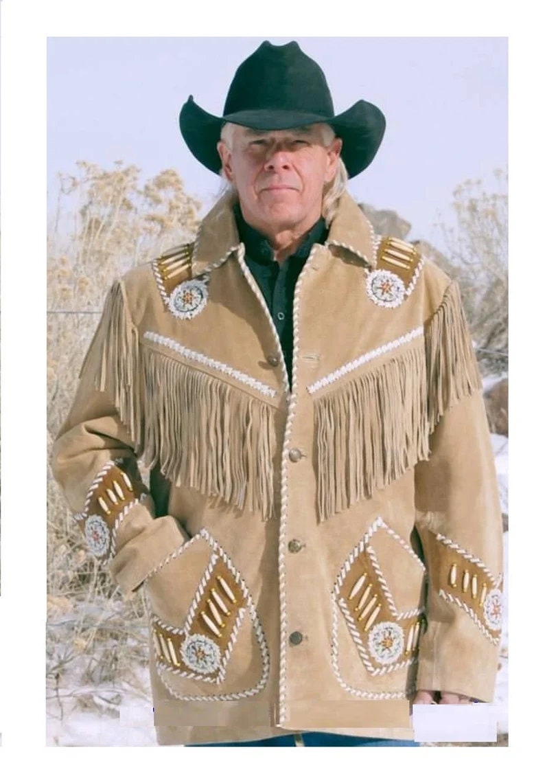 Men Brown Suede Vintage Traditional Western Cowboy Leather Jacket With Fringe Hand Made Country Side Red Indian Western Wear Coat For Men - LEATHER CHAPTER